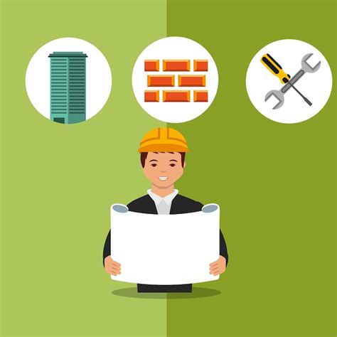 Construction architect engineer looking blueprint tools icons vector ...