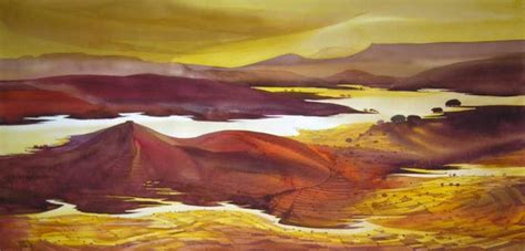 "Krishna Valley Panchgani 10": Yellow Orange Watercolor Painting by ...