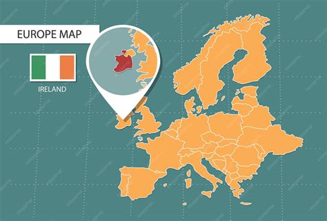Premium Vector | Ireland map in Europe zoom version icons showing ireland location and flags