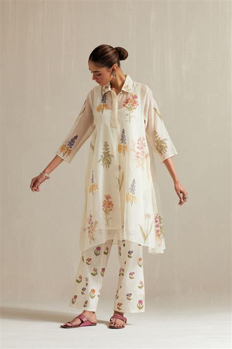 Off white hand block printed A-line short kurta set with all-over mult ...
