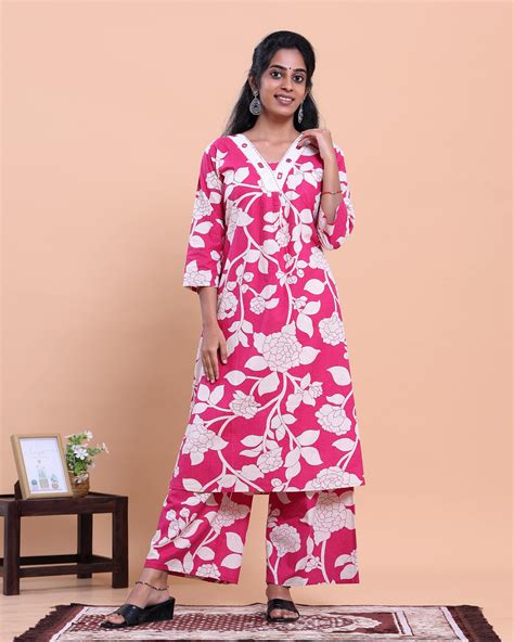 Women's Pink Printed A-Line Kurta & Palazzo Set with V-Neck & 3/4 Sleeves