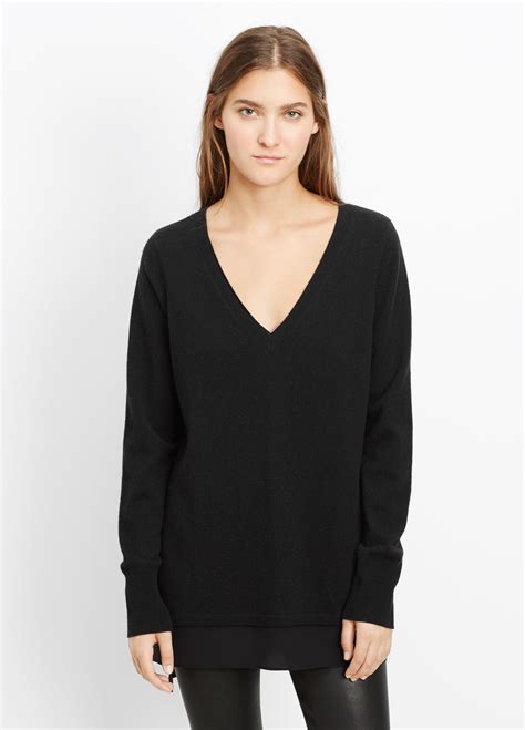 Lyst - Vince Wool Cashmere V-neck Sweater With Silk Contrast in Black