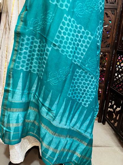Indigo Floral Block& Polka Dots Chanderi Dupatta – Byhand