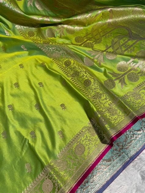 Parrot Green Mashru Katan Silk Buta Work Banarasi Saree – Unique ...