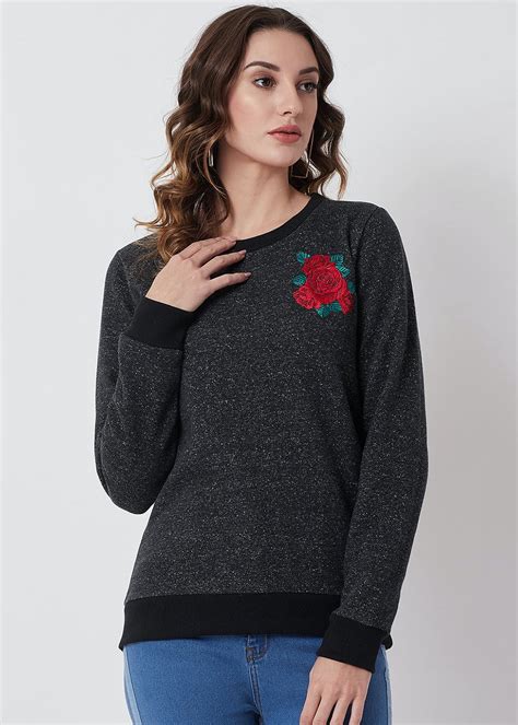 Get Broad Trim Detail Rose Patch Solid Sweatshirt at ₹ 898 | LBB Shop