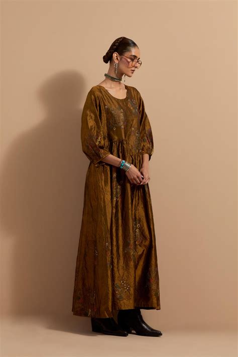 Olive crushed silk hand block printed long dress, highlighted with mul ...