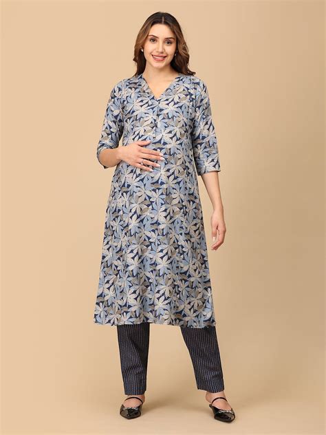 Phool On Navy Maternity and Nursing Kurta Set With Dupatta - MEW - SK ...