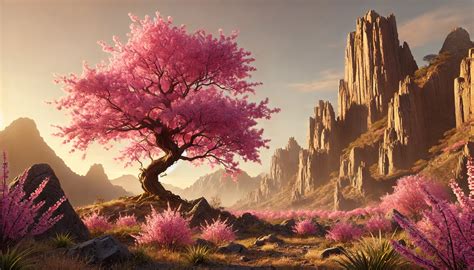 Scene of a majestic sakura tree in full bloom standing next to a rocky ...