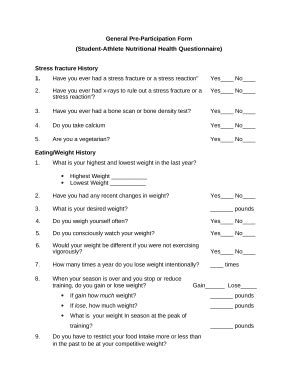 Student-Athlete Nutritional Health Questionnaire - Blank Fillable ...