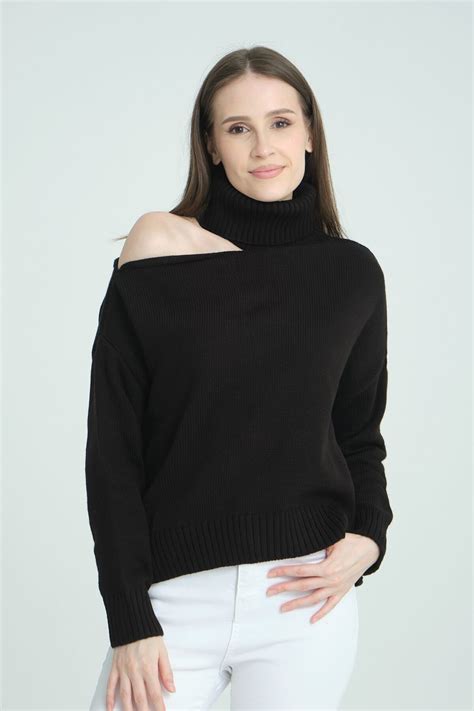 Black Shoulder Detail Turtleneck Oversize Sweater | İLKCET MODA