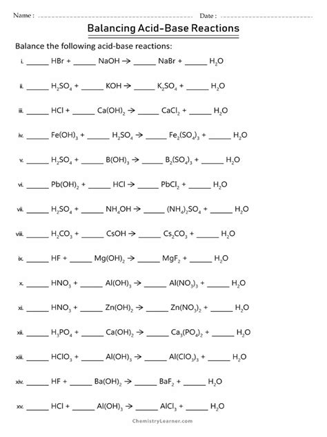 Balancing Acid Base Reactions Worksheet | PDF