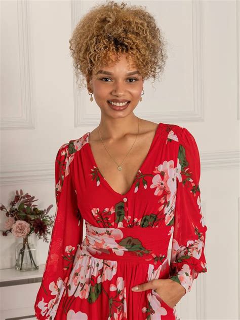 Jolie Moi Renita Floral Print Mesh Midi Dress, Red, 10