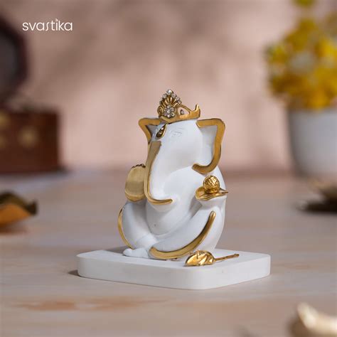 Elegant White & Gold Mukut Ganesh Idol For Car Dashboard (3.5 Inch)