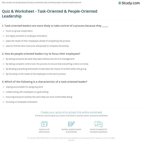Quiz & Worksheet - Task-Oriented & People-Oriented Leadership | Study.com