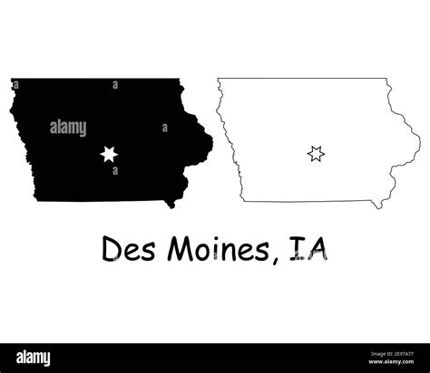 Iowa IA state Map USA with Capital City Star at Des Moines. Black silhouette and outline ...