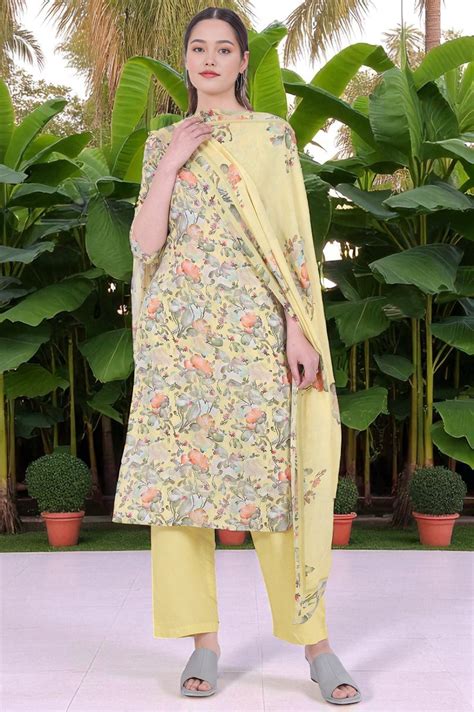 Buy Yellow Printed Straight Kurta with Palazzo & Dupatta Set Online for ...