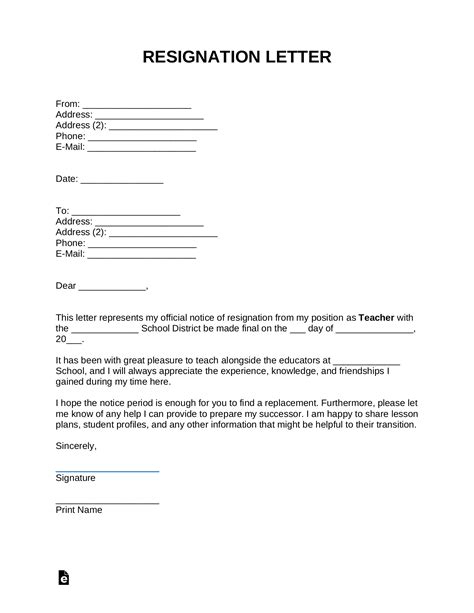Free Teacher Resignation Letter | Templates & Samples - Word | PDF – eForms