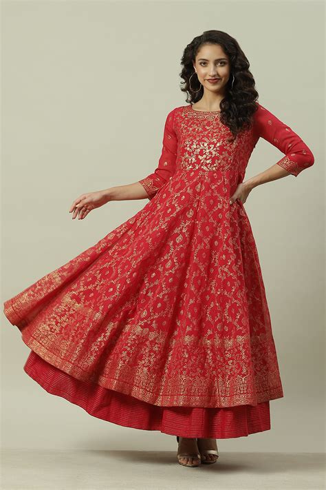 Buy Red Art Silk Anarkali Printed Kurta Dress Online at Biba India