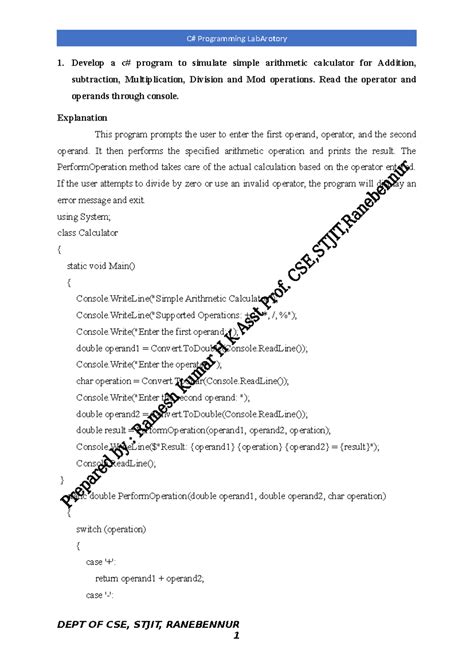 C# lab modified - Develop a c# program to simulate simple arithmetic ...