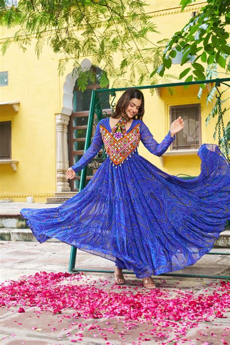 Royal Blue Navratri Garba Gown with Kutchi Work & Bandhani Print ...