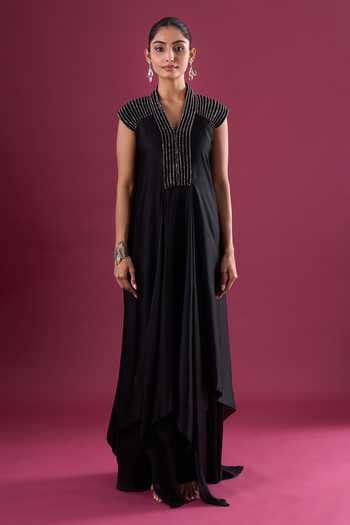Buy Black Chiffon Beads V-neck Embellished Yoke Dress For Women by Amit ...