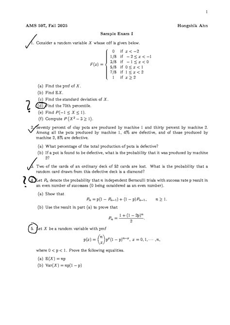 Sample Exam I for AMS 507: Probability and Statistics, Fall 2025 - Studocu