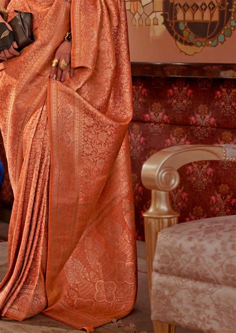 Pure Banarasi Silk Orange Bridal Handloom Sarees Online Shopping India ...