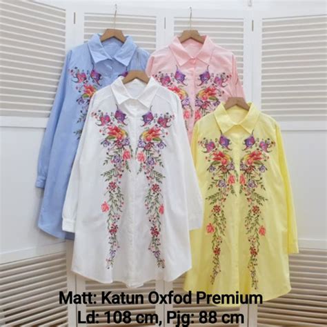 Jual YC197p Kemeja Wanita Bordir Bunga Atasan Muslim Tunik Bordir Katun ...