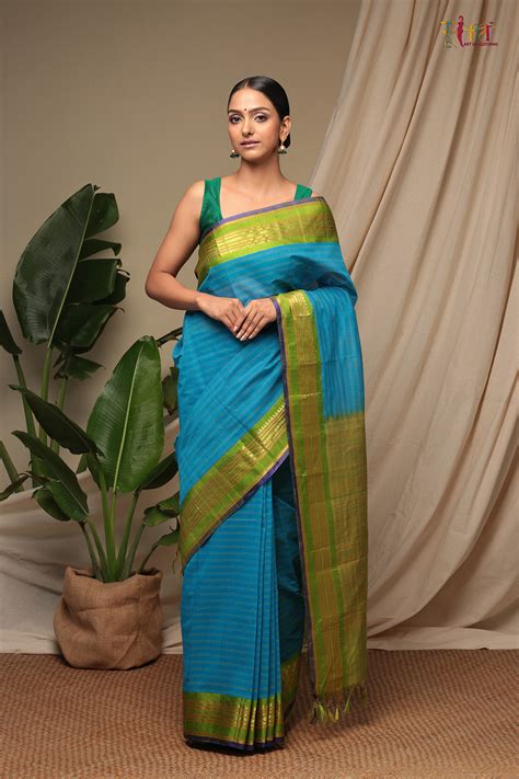 Handloom Ocean Blue Pure Cotton Kanchi Saree With Pure Silk Border And