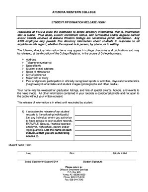 Fillable Online azwestern FERPA Release Form - Arizona Western College ...