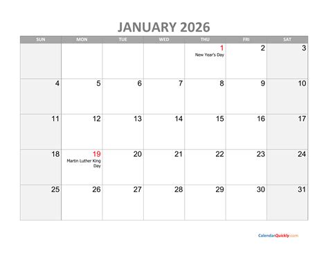 January Calendar 2026 with Holidays | Calendar Quickly