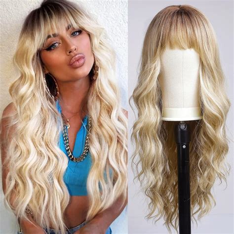 Amazon.com: KOME Ombre Blonde Wigs with Bangs,Long Curly Wig for Women ...