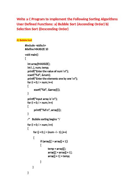 C Programming: Bubble Sort & Selection Sort Algorithms Explained - Studocu