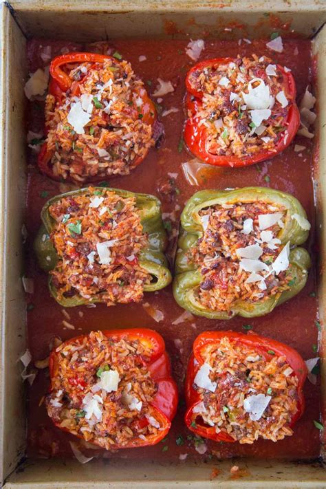 Stuffed Peppers with beef, rice, tomato sauce, onions and garlic with ...