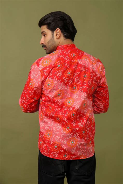 Men’s Handcrafted Bandhani Short Kurta – Pink and Red Tie-Dye Print ...