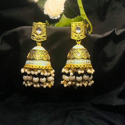 Gold Platted Black Dome Shaped Kundan Meenakari Jhumkas – Arzzbyfarha