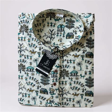 Ivory Warli Printed Full Sleeves Long Kurta for Men – Jaipuri Stitch