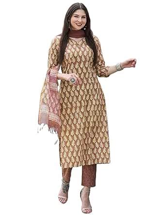 Buy GoSriKi Women's Cotton Blend Straight Printed Kurta with Pant ...