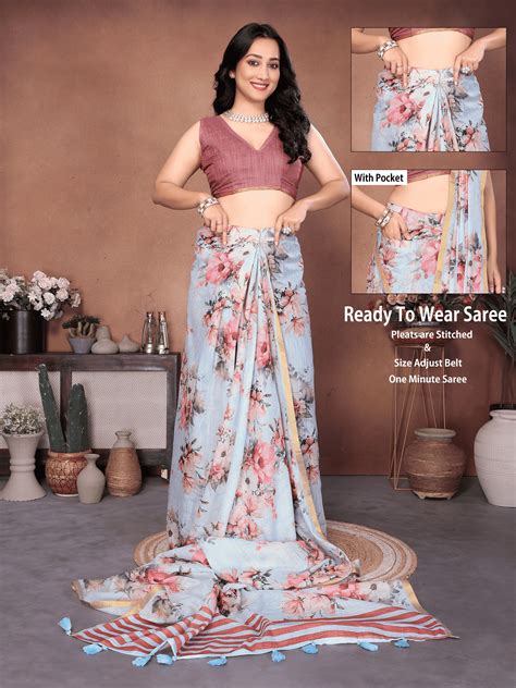 Powder Blue Floral Ready-to-Wear Saree with Pocket and Striped Pallu