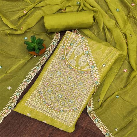 Green Floral Embroidered Organza Dress Material