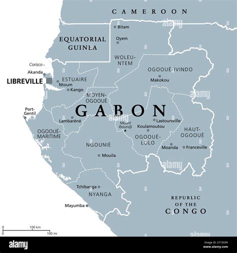 Gabon, gray political map with provinces. Gabonese Republic, with ...