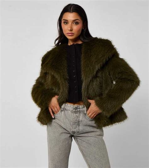 Urban Bliss Dark Khaki Faux Fur Jacket | New Look