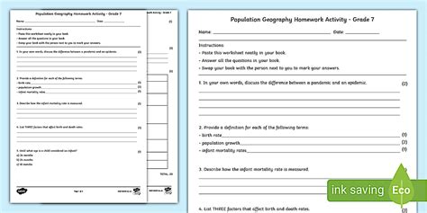 Population Geography Homework Activity - Grade 7