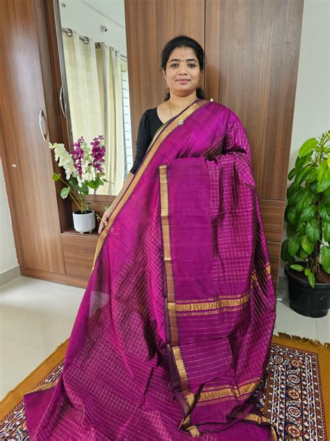 Handwoven Mangalagiri Pattu Saree with Beautiful Small Checks - Magent ...