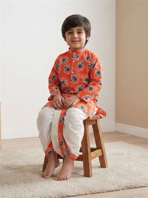 Boys Orange Cotton Full Sleeves Floral Printed Dhoti Set - AJ Dezines