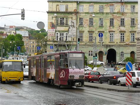 Tram number 1112 crosses the Prospekt Svoboda in Lviv on 04-06-2010 ...