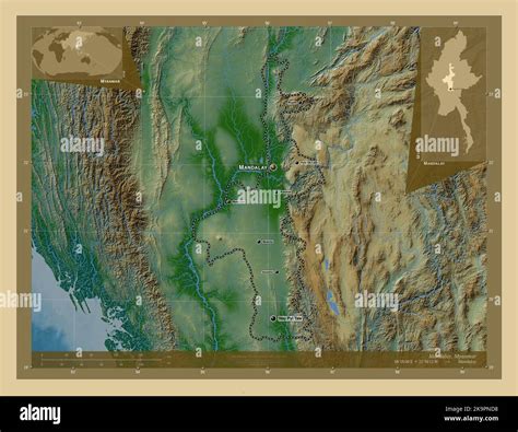 Mandalay, division of Myanmar. Colored elevation map with lakes and ...