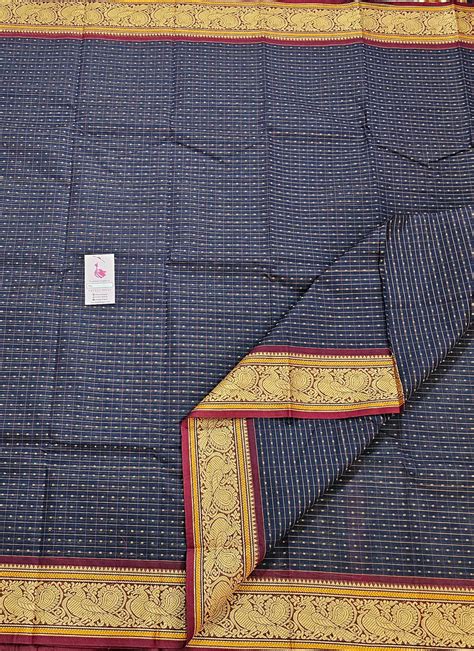 Navy Blue with Maroon Muthu Kattam Lakshadeepam Pattern Kanchi Cotton ...