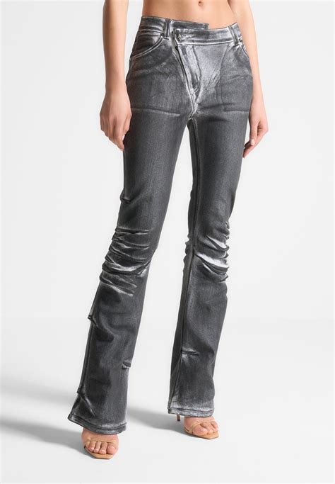 Oil Print Tacked Fit and Flare Jeans – White/Grey - Manière De Voir