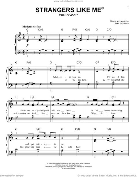 Strangers Like Me (from Tarzan) sheet music (easy) for piano solo